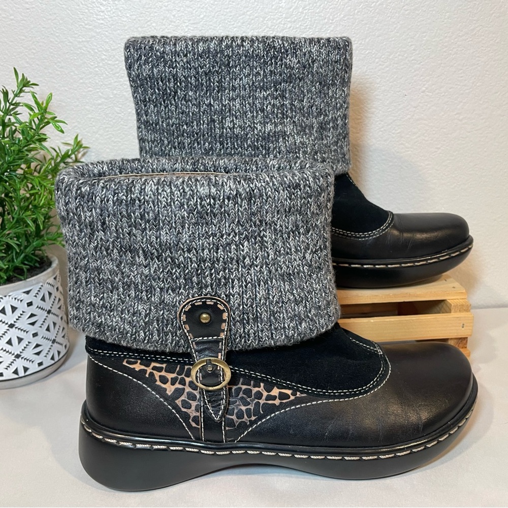 L’artiste by Spring Step Black Leather & Gray Knit Cuff Ankle Boots | NWOT